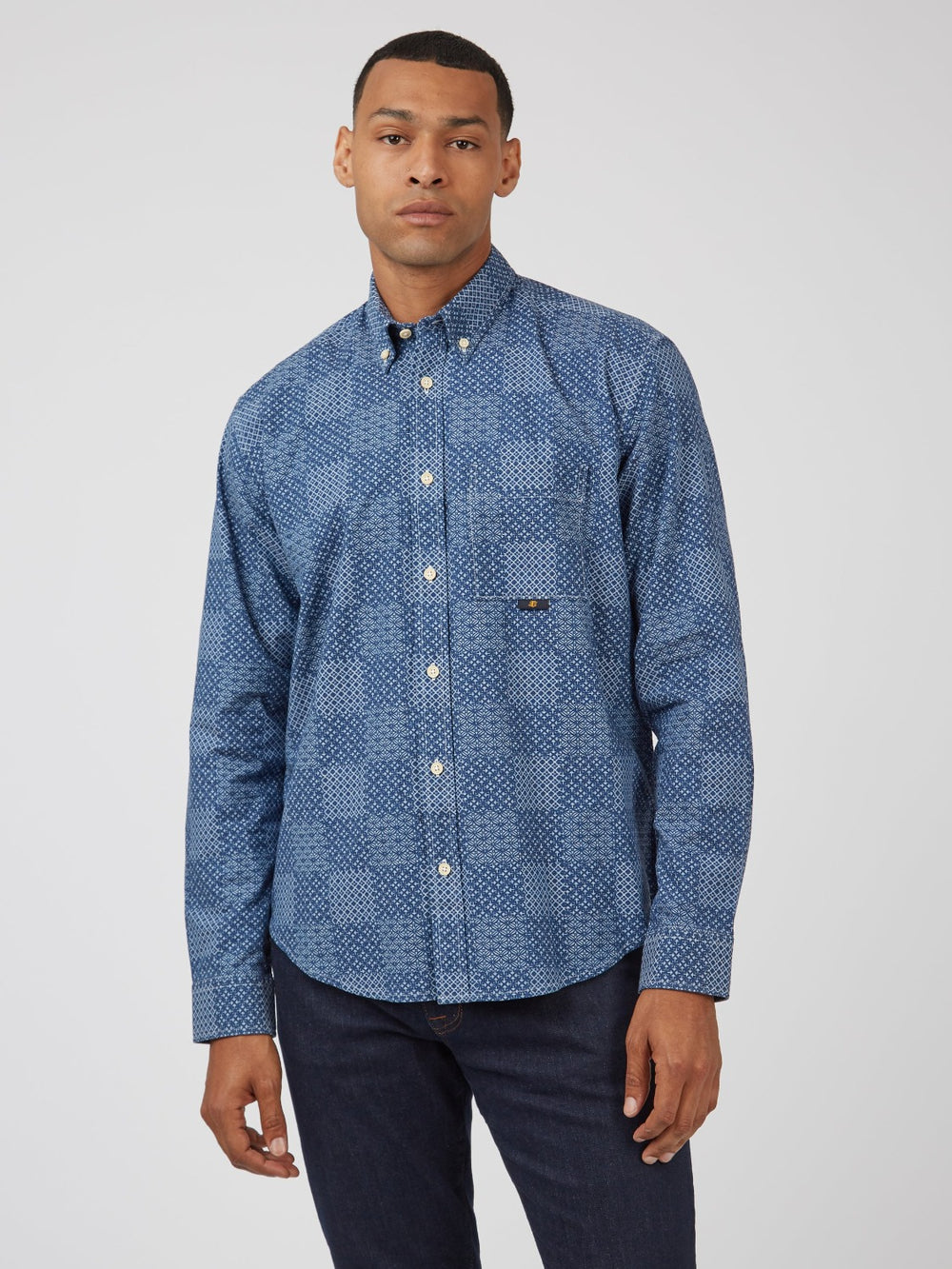 Camisas Ben Sherman Chambray Patchwork Geo Print Long-Sleeve Azules | BFUGQEZ-54