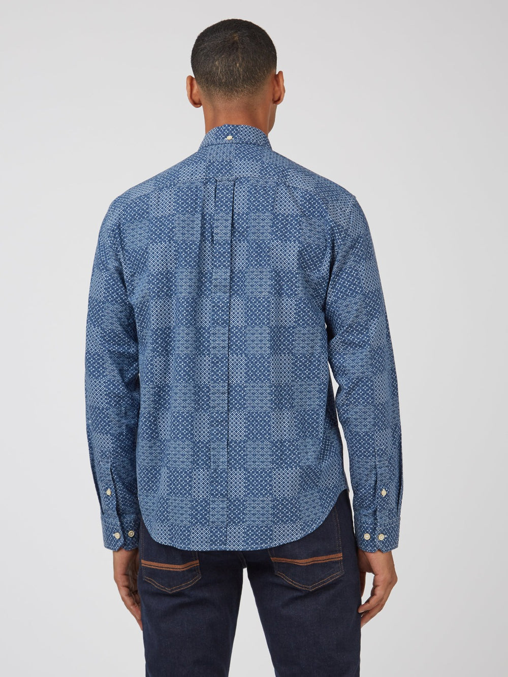 Camisas Ben Sherman Chambray Patchwork Geo Print Long-Sleeve Azules | BFUGQEZ-54