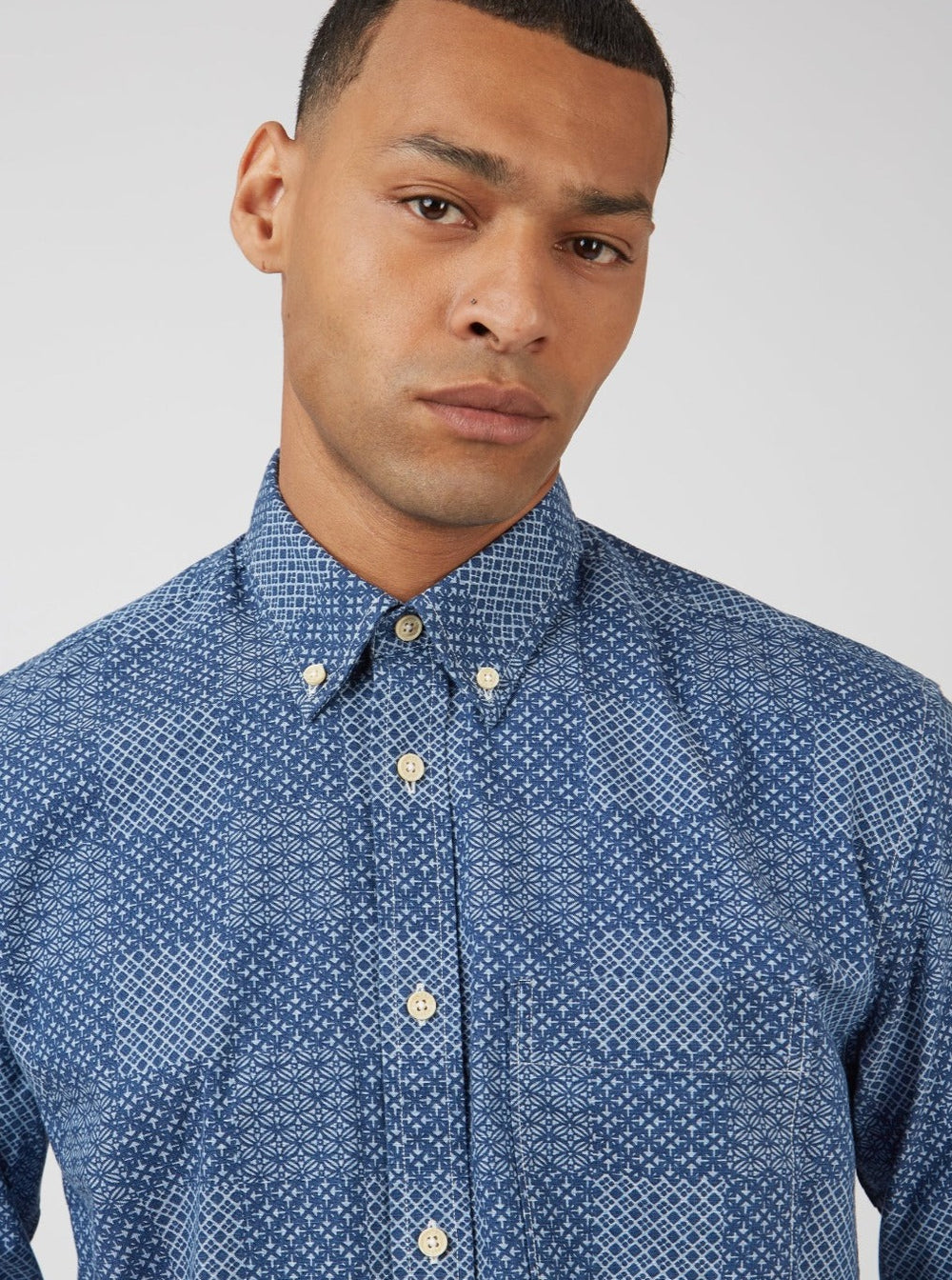 Camisas Ben Sherman Chambray Patchwork Geo Print Long-Sleeve Azules | BFUGQEZ-54