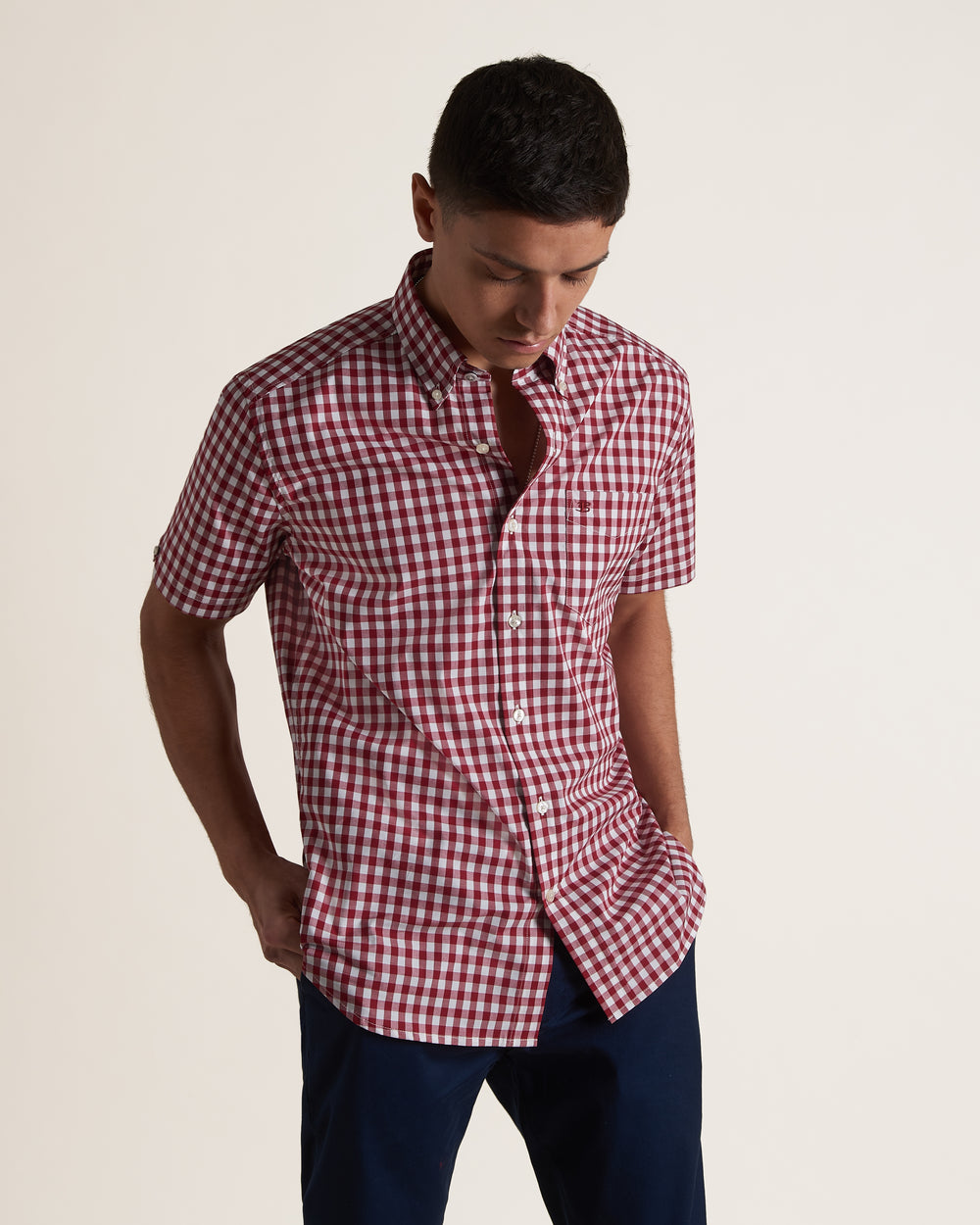 Camisas Ben Sherman Short Sleeve House Poplin Gingham Burdeos | SAJEIXW-20