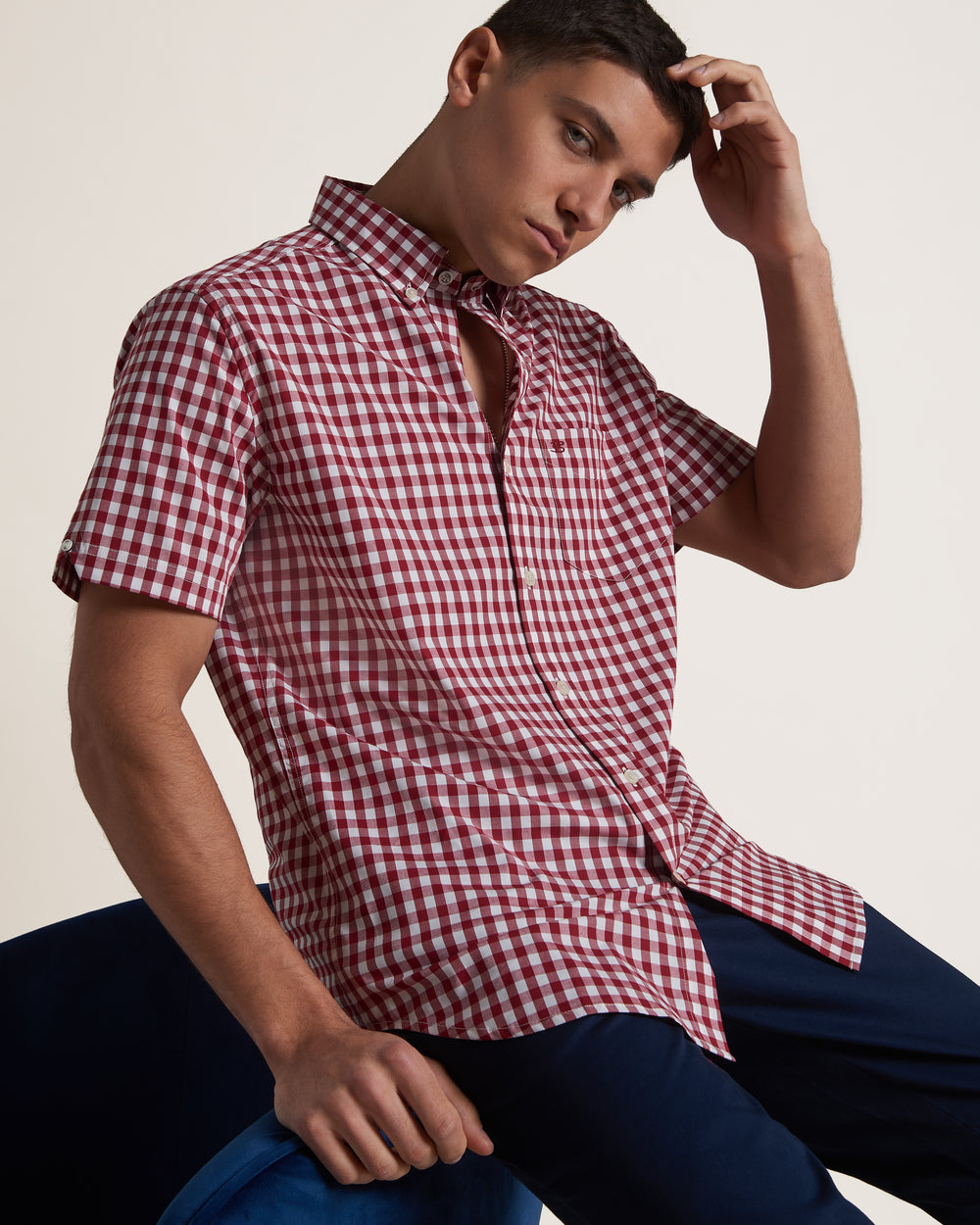 Camisas Ben Sherman Short Sleeve House Poplin Gingham Burdeos | SAJEIXW-20