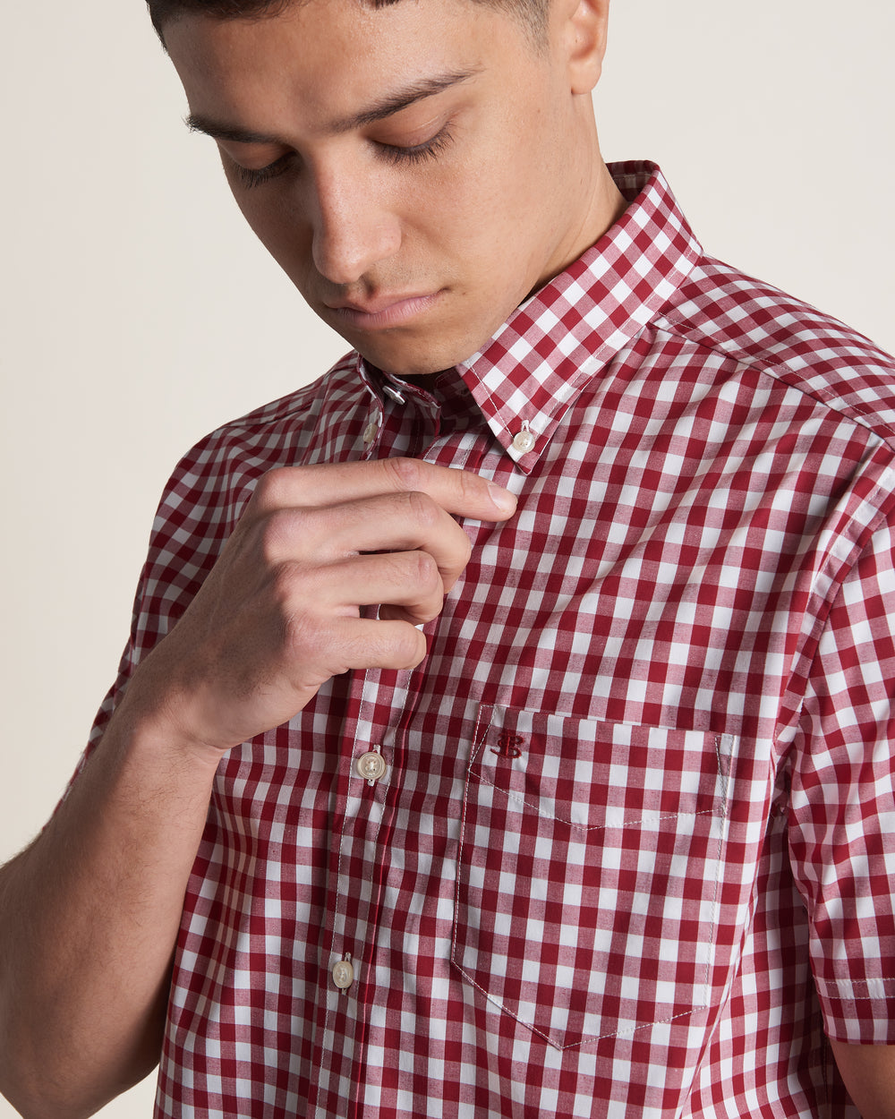 Camisas Ben Sherman Short Sleeve House Poplin Gingham Burdeos | SAJEIXW-20