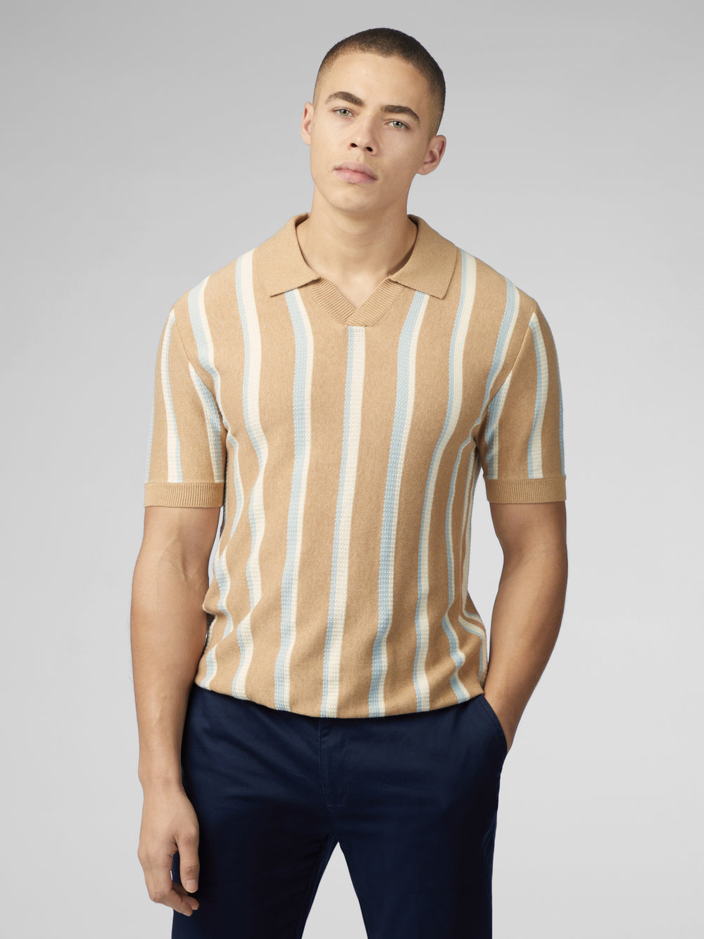 Prendas De Punto Ben Sherman Vertical Stripe Open Neck Polo Gris | YJVAOZU-40