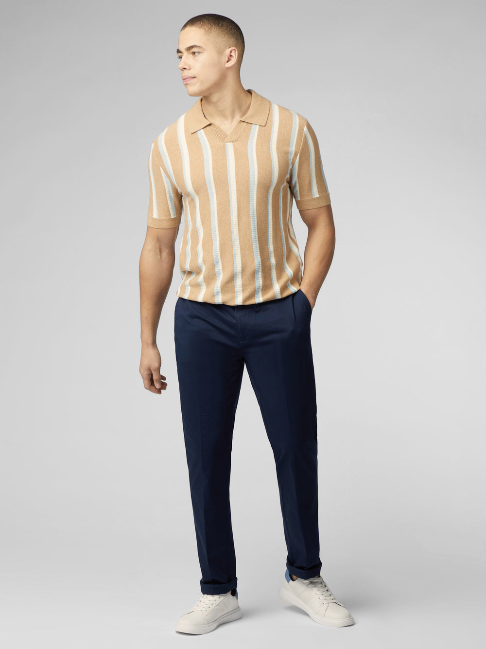 Prendas De Punto Ben Sherman Vertical Stripe Open Neck Polo Gris | YJVAOZU-40